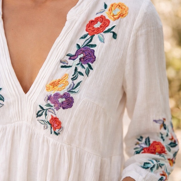 Free People Boho White Embroidered Mini Dress Flowy Peasant Tunic Prairie S - Picture 4 of 14